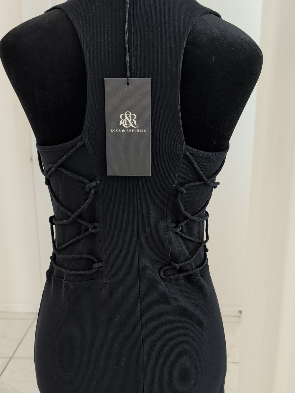 New Sexy Rock & Republic Black Lace Up Sides Ribbed Stretch Racerback Dress M